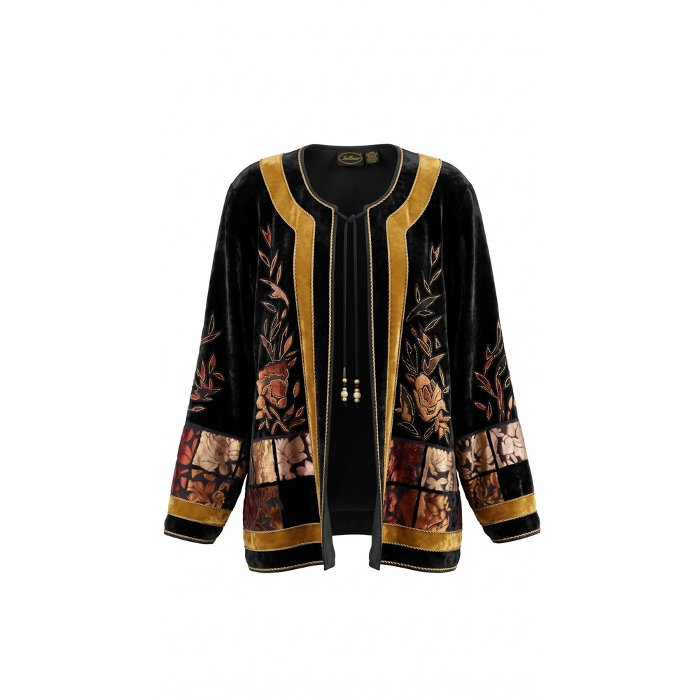 Vintage Allure Black Velvet Patchwork Jacket 2X Boho Floral Embroidered India